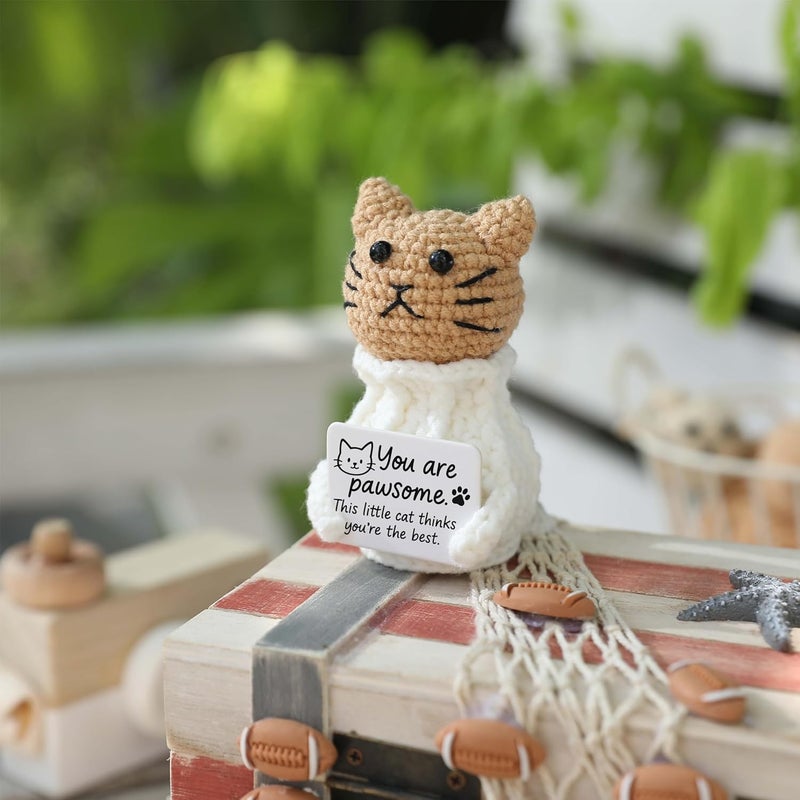 YOOJEE Positive Crochet Animals Cat – “You are Pawsome” Valentines Day Crochet Gift for Her Teens Women Adults Mom, Emotional Support Animal, Teacher Appreciation, Birthday Gift, Desk & Home Decor - Image 2